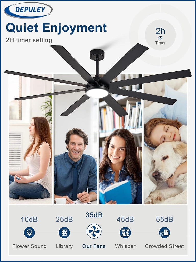 72" Ceiling Fans with Lights: Black Indoor/Outdoor Ceiling Fan for Patios Living Room - 8 Blades Dimmable Large