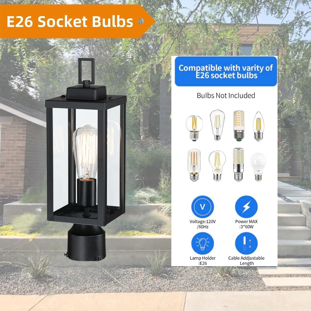 Outdoor Post Light, Pole Lantern, E26 Base 60W Max, Metal Housing Plus Glass, ETL Qualified, Bulbs not Included