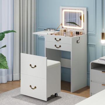 3-in-1 Vanity with Flip Mirror & Lights, Fluted Compact Vanity Table with 3 Drawers, Storage Compartment and Rolling
