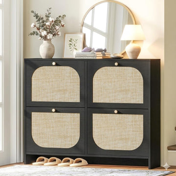 Shoe Storage Cabinet , Rattan Vintage Flip Shoe Rack- 4 Flip Drawers & 3-Tier Adjustable Shelves,Boho Shoe Organizer