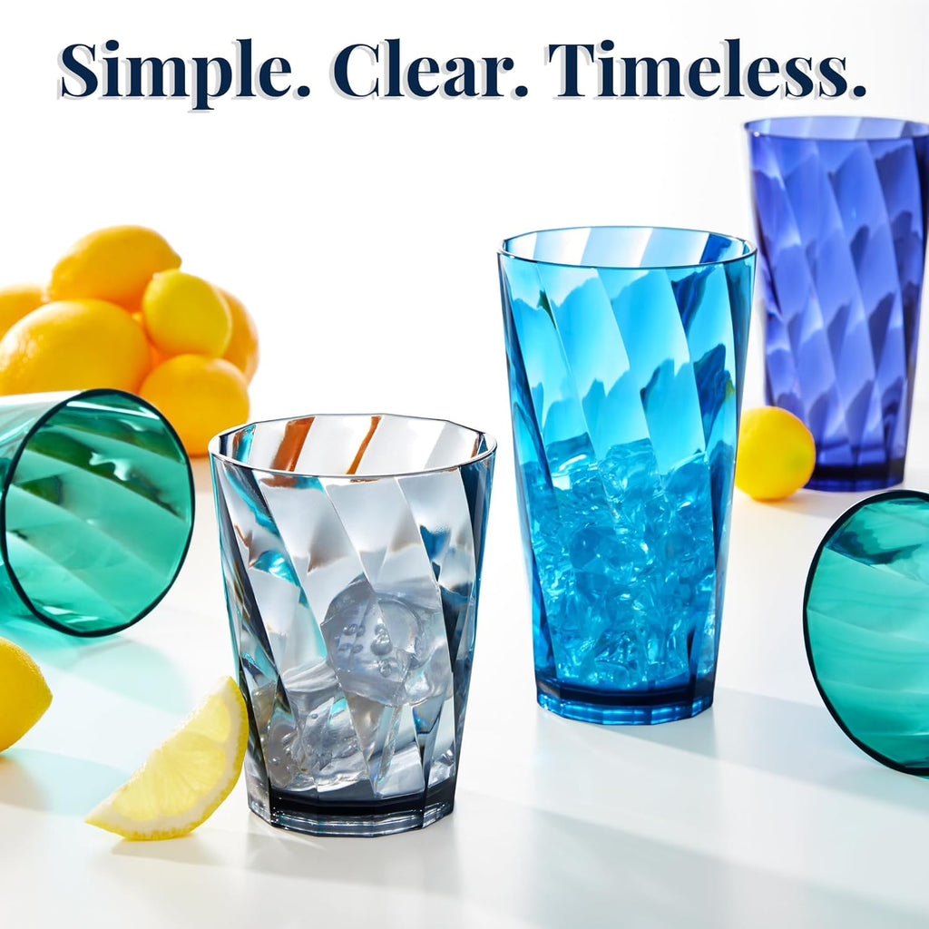 Optix Plastic Reusable Drinking Glasses (Set of 16) 14oz Rocks & 20oz Water Cups in Coastal Colors | BPA-Free