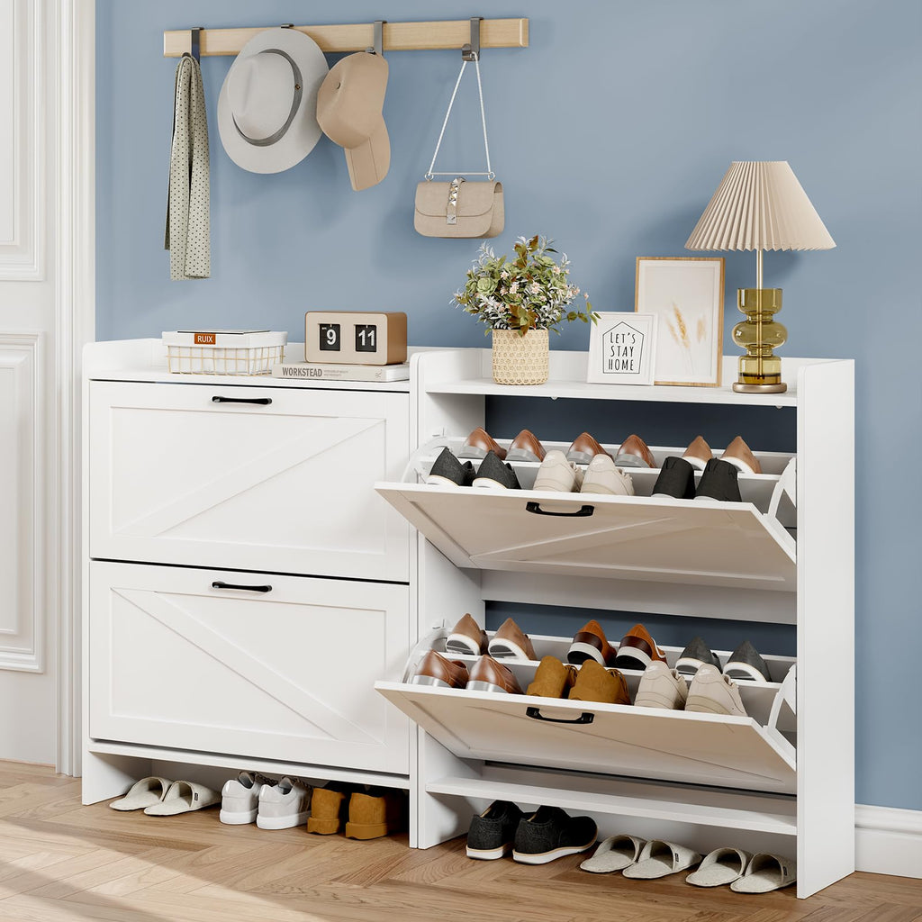 Shoe Cabinet Storage, Hidden Shoes Storage Cabinet with 2 Flip Drawers, Freestanding Shoes Cabinet with Adjustable