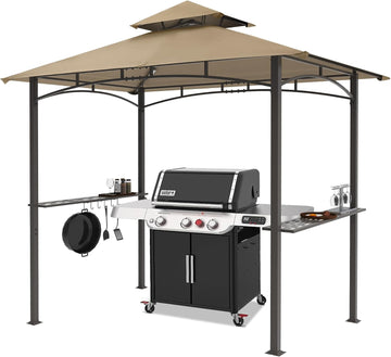 8 x 5 Grill Gazebo Outdoor BBQ Gazebo Canopy with 2 LED Lights (Khaki)