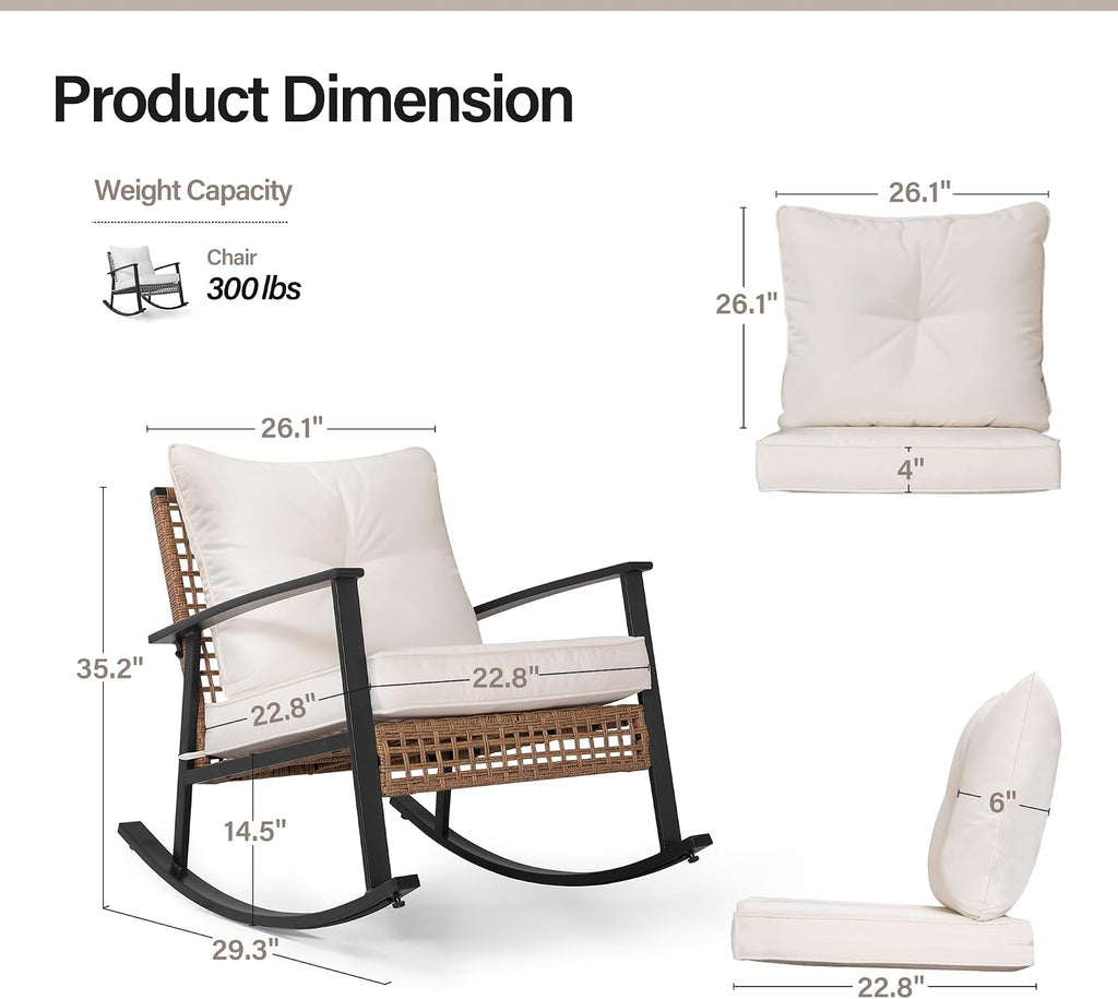 Outdoor Wicker Rocking Chair, Oversized Patio Chair Comfy Rocker Chair with Thick Cushion, Modern Cozy Lounge Chair