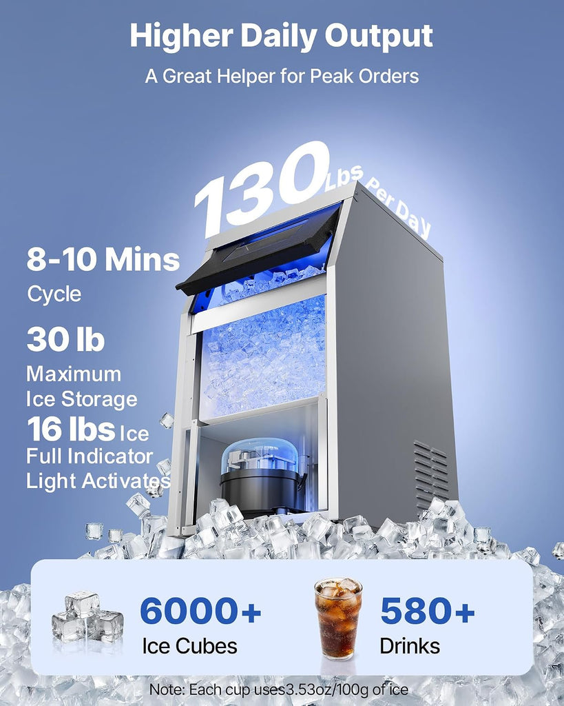 Commercial Ice Maker Machine, 130 lbs/24h with 30 lbs Storage Capacity, Built-in/Freestanding/Under Counter