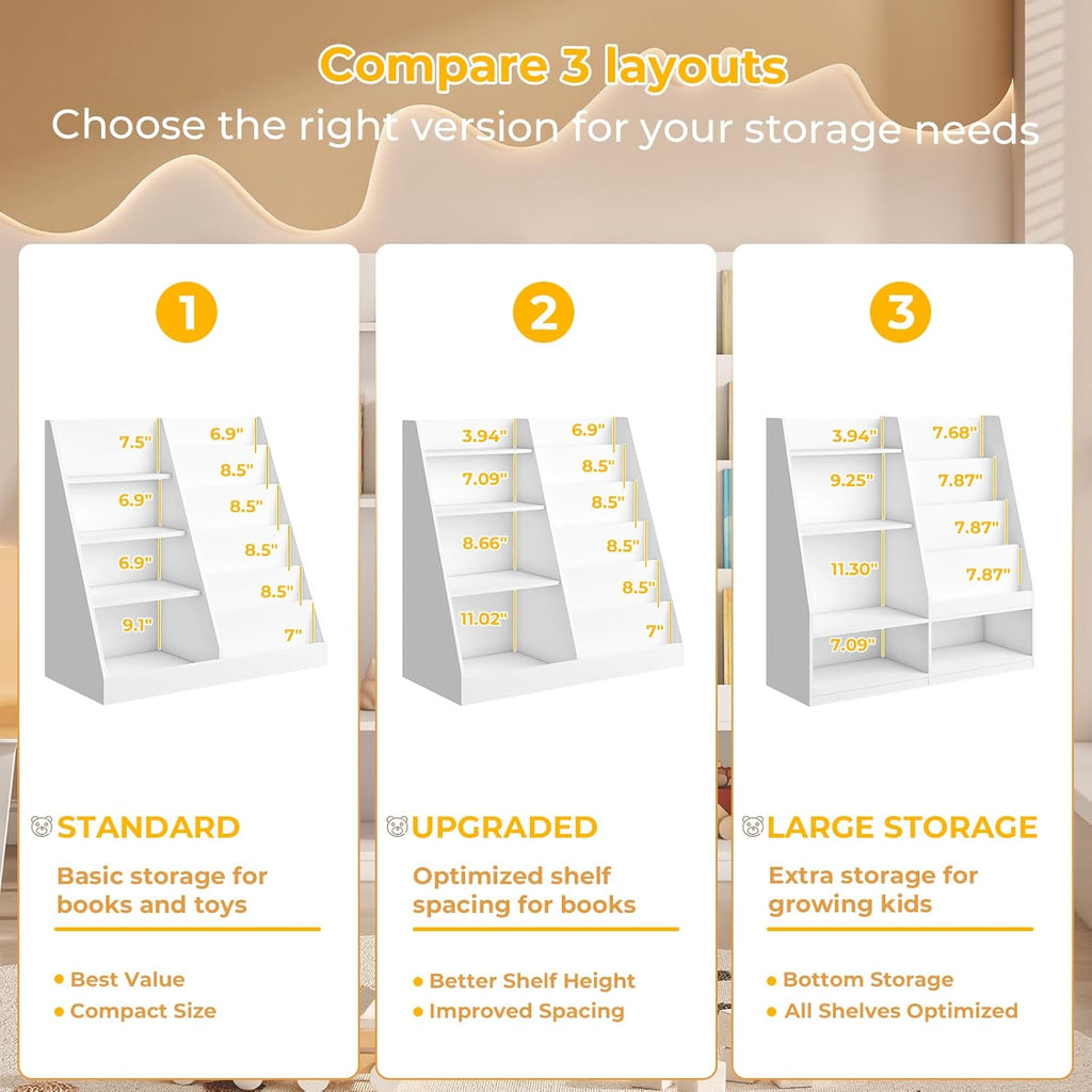 Upgraded 6 Tier Kids Wooden Bookshelf and Toy Storage, White | Children Toy Organizer with Upgraded Book Shelves