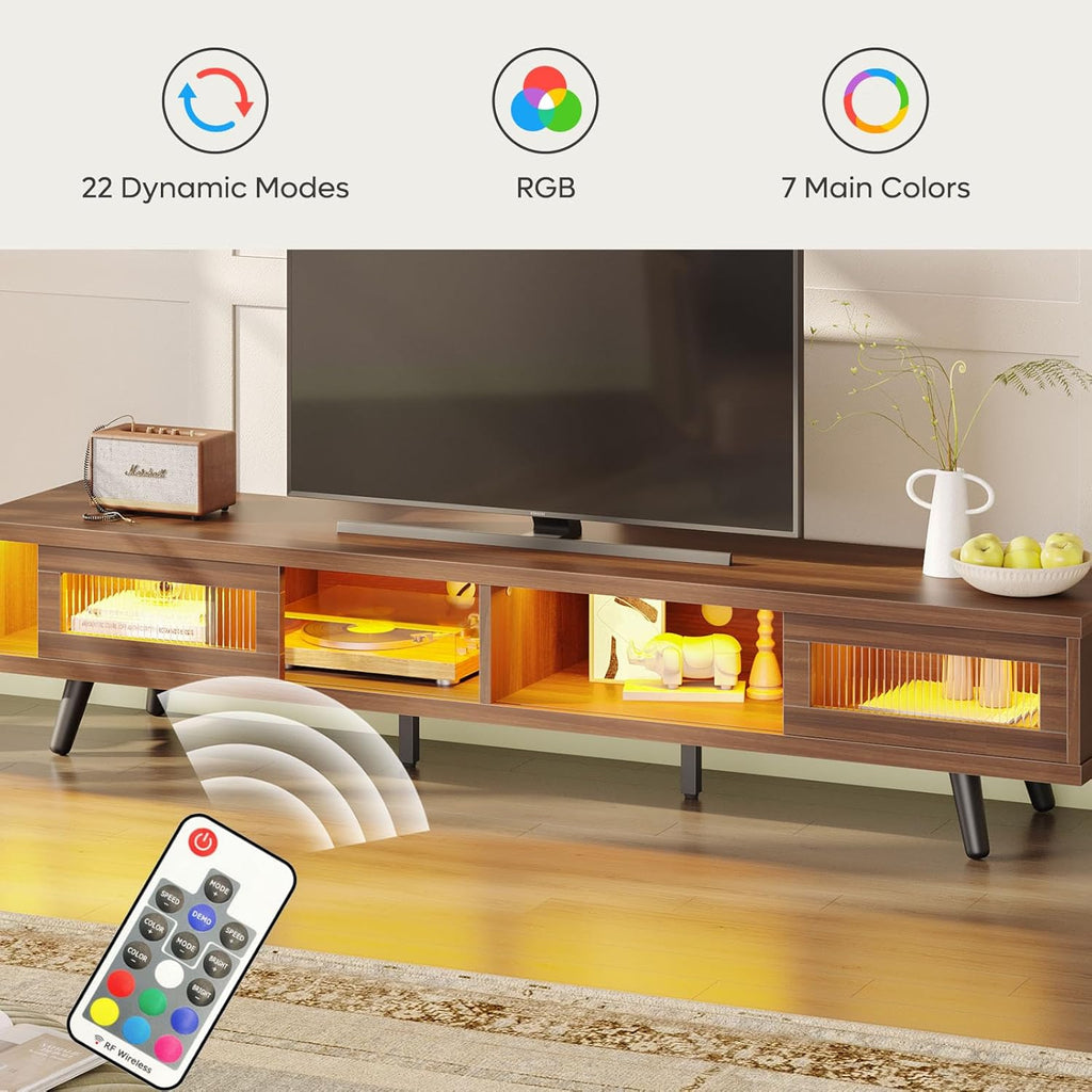 Mid Century Modern TV Stand for 75 inch TV, LED Entertainment Center with Storage and Sliding Doors, Low Profile TV