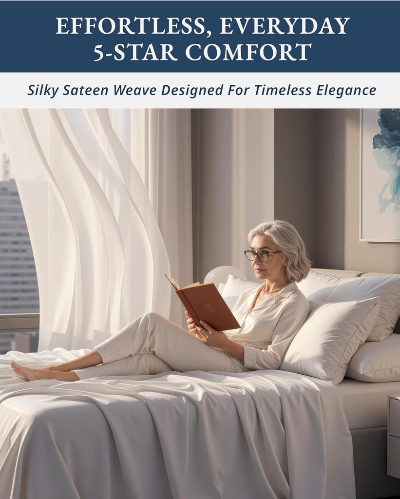 100% Egyptian Cotton Sheets - Naturally Cooling & Breathable 4 Piece Silky Sateen Weave Sheet Set