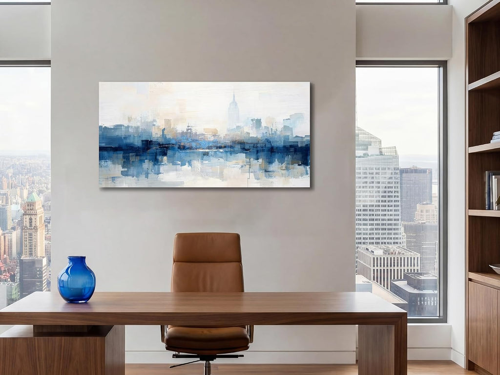 NY Skyline Wall Art Abstarct Cityscape Canvas Painting 40"x20" | new york print blue white NYC picture artwork framed