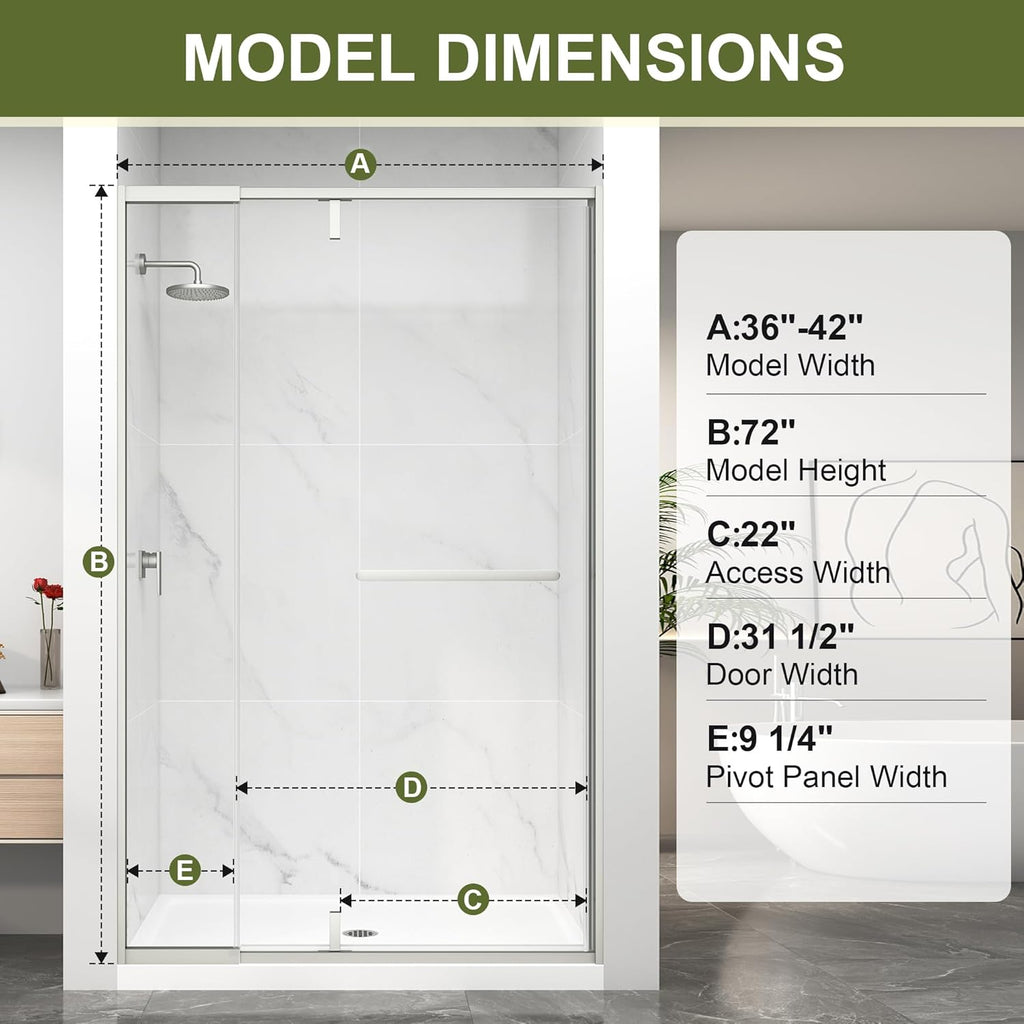 Pivot Shower Door, 36-42" W x 72" H Semi-Frameless Swing Glass Shower Door with Explosion-Proof Film Nano Coating