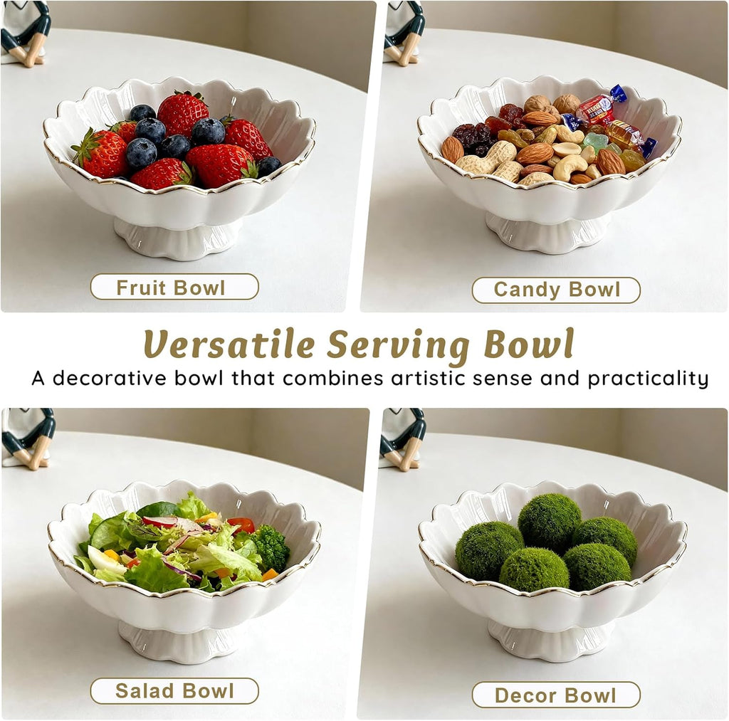 White Small Decorative Bowl 8 Inch Ceramic Key & Fruit Bowl Ruffle Lotus Shape with Gold Rim Candy Bowl, Multi-Use