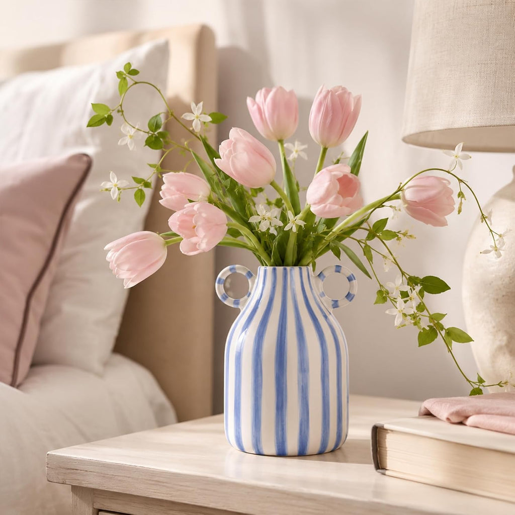 Blue and White Ceramic Vase with Handle, Nordic Boho Small Vases Side Table Flower Centerpiece, Wide Mouth Single