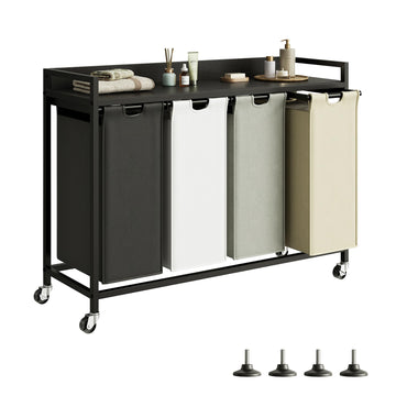 Laundry Hamper with Shelf, Laundry Basket 4 Section, Laundry Sorter with Pull-Out Removable Large 4 Color Bags and