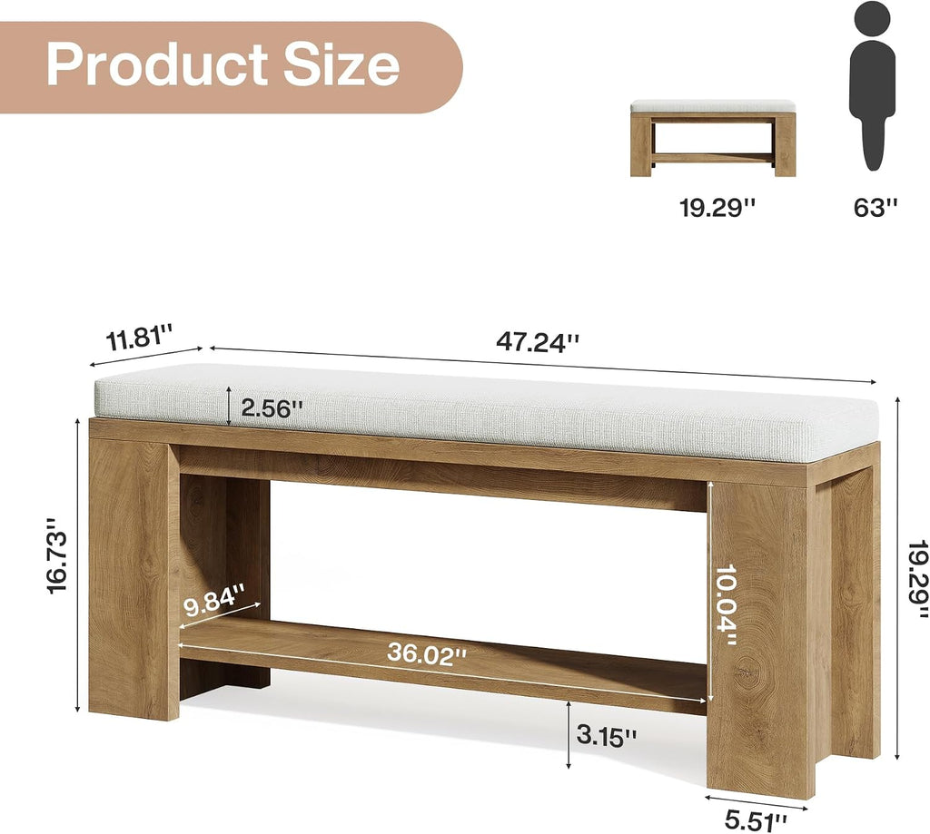 Upholstered Entryway Bench, 47-Inch Long Farmhouse End of Bed Bench with Padded Seat and MDF Frame, Rustic Indoor