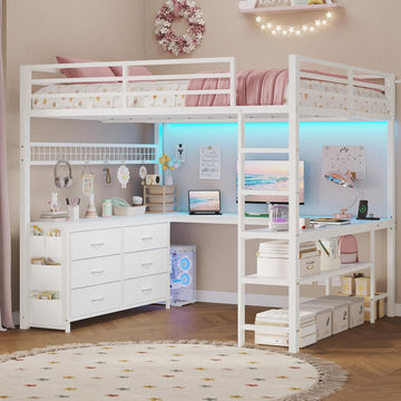Loft Bed Full with U-Shaped Desk, 6 Storage Drawers, Power Outlet, LED Metal Loft Bed with 2 Storage Shelves