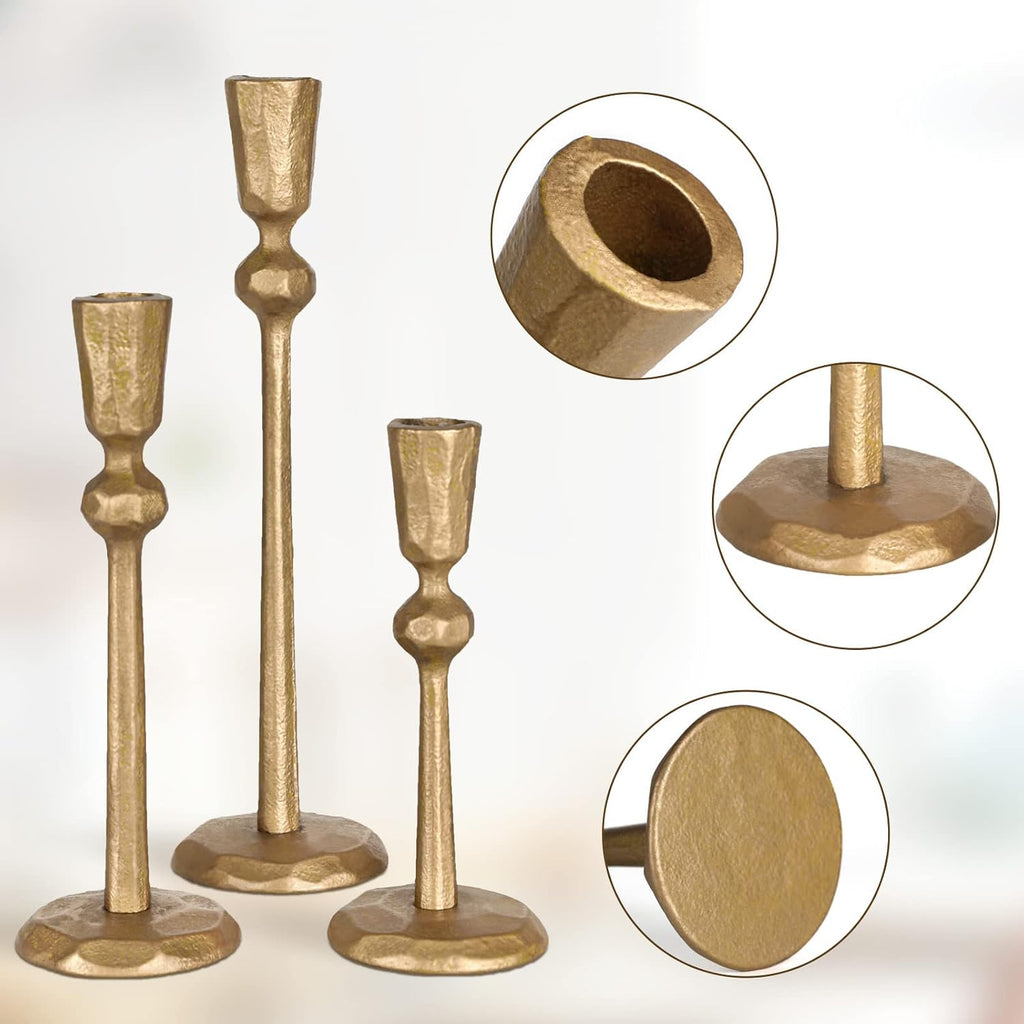 Antique Brass Iron Taper Candle Holder - Set of 3 Decorative Candle Stand, Candlestick Holder for Wedding, Dinning