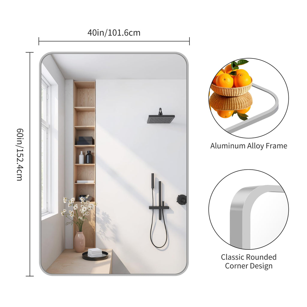 60x40 Inch Silver Bathroom Mirror for Over Sink, Large Rectangular Wall Mirror with Metal Frame, Rounded Corners