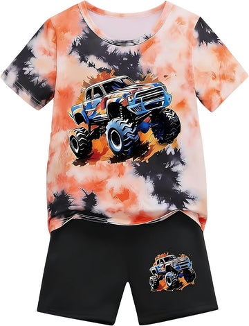 Boys Clothes Piece Summer Outfit 3D Car Print Tie-Dye T-Shirt & Elastic Waist Shorts for Kids Clothing Set