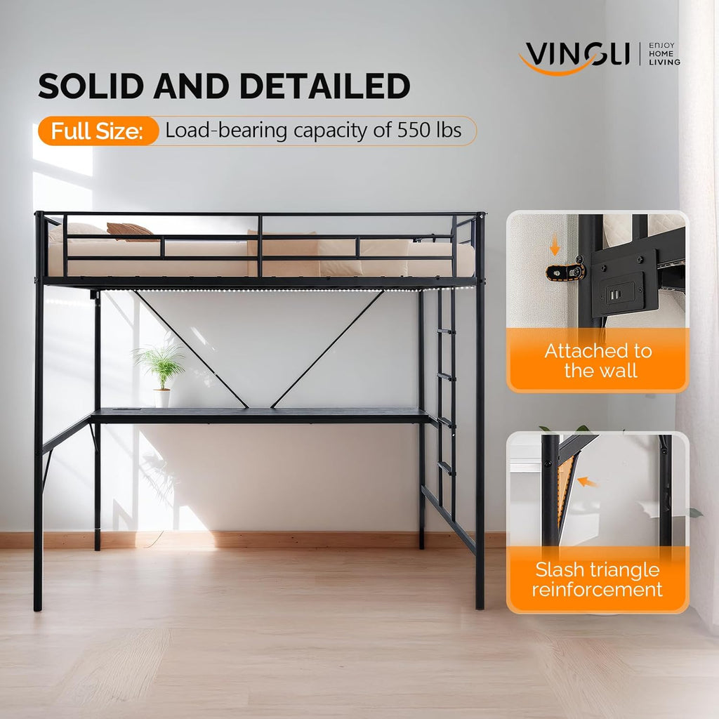 Full Metal Loft Bunk Bed Frame for Kids Teens Adults with Desk Underneath,2 Charging Station,LED Lights,Safety