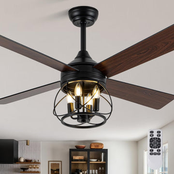 52 Inch Modern Farmhouse Ceiling Fan with Light - Industrial Caged Design