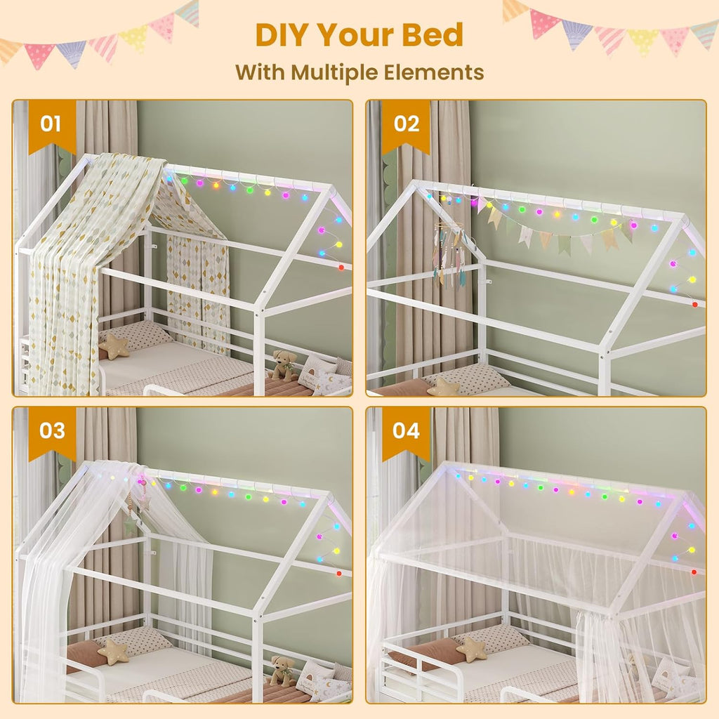 Twin Size Bed Frame with 6 Drawers,White Metal House Kids Bed | Twin Bed Frame for Girls,Safety Guardrail,Inclined