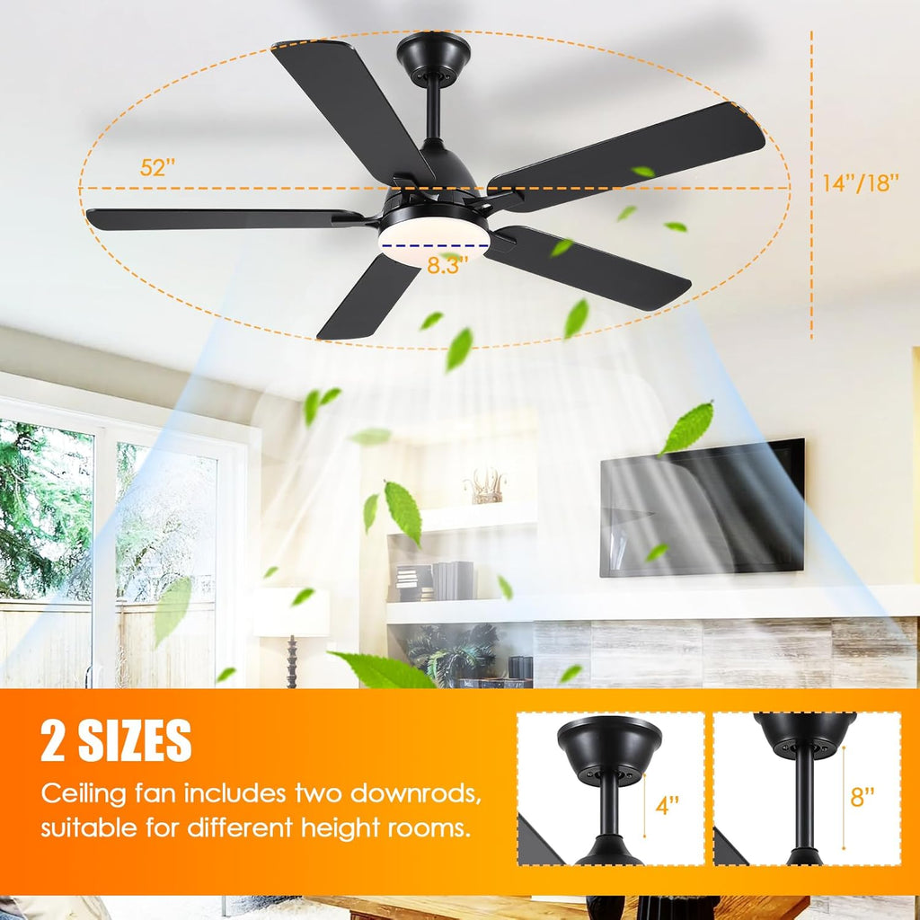 Ceiling Fans with Lights, 52 Inch Low Profile Ceiling Fan with Light and Remote Control,Reversible, 3CCT, Dimmable, Quiet, Black Ceiling Fan for Bedroom Indoor/Outdoor Use