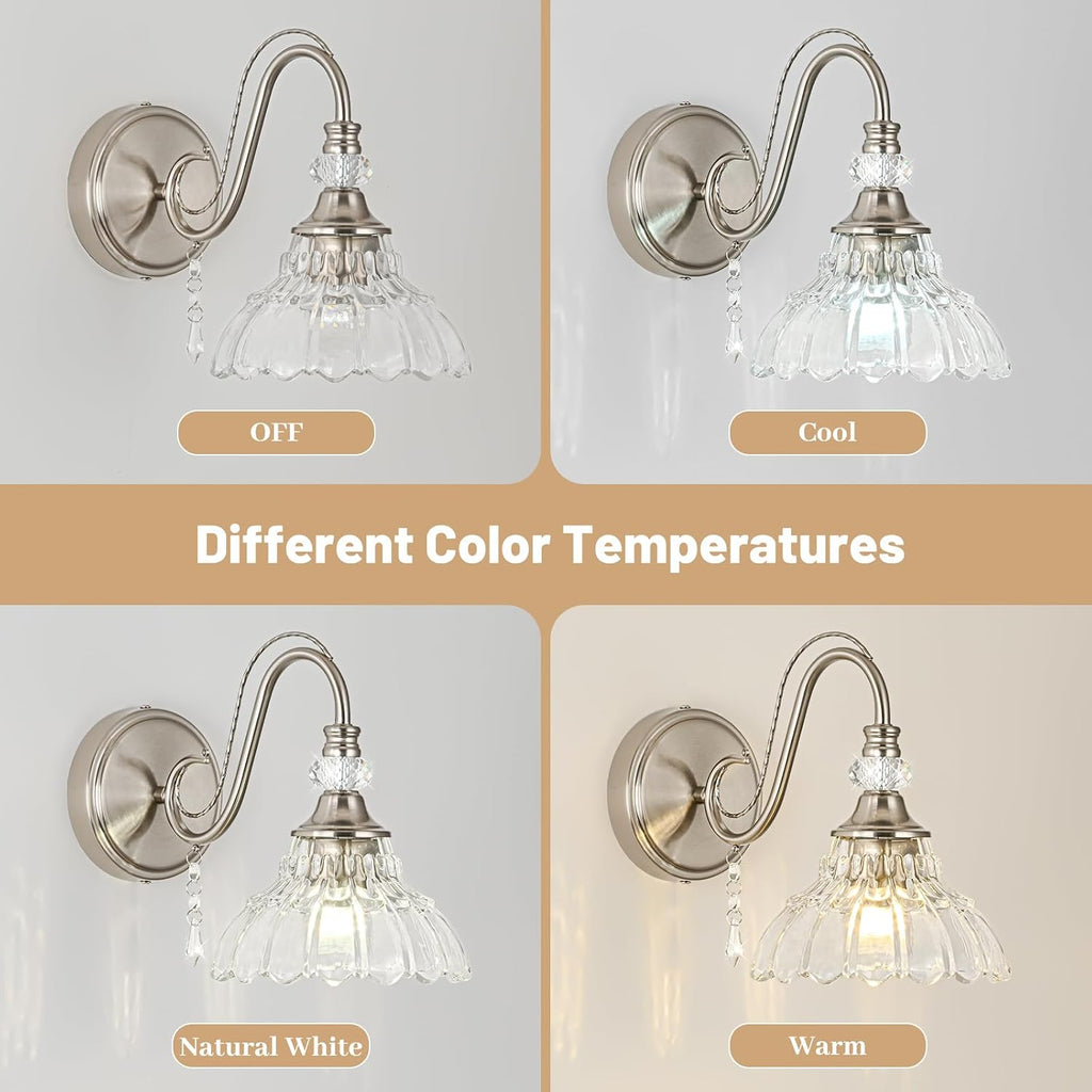1 Piece Brushed Nickel Finish Wall Sconce, 1-Light Modern Wall Sconce with Hanging Crystal Accents and Flower-Shaped