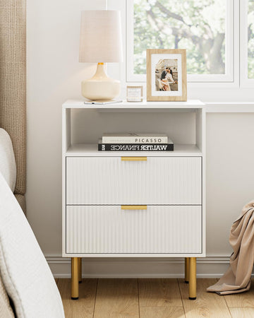 Night Stand, 25.7" H Bedside Table with 2-Drawer Shelf, Morden Nightstand with Gold Frame, Fluted Side Table with Gold