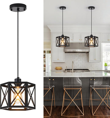 2 Pack Farmhouse Pendant Lights, Modern Black Hanging Light Fixture with Hexagonal Cage, Industrial Metal Ceiling