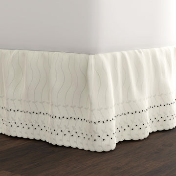 Eyelet Bed Skirt, Ruffled Design, 14 Inch Drop, Embroidered Scalloped Edge, Ivory