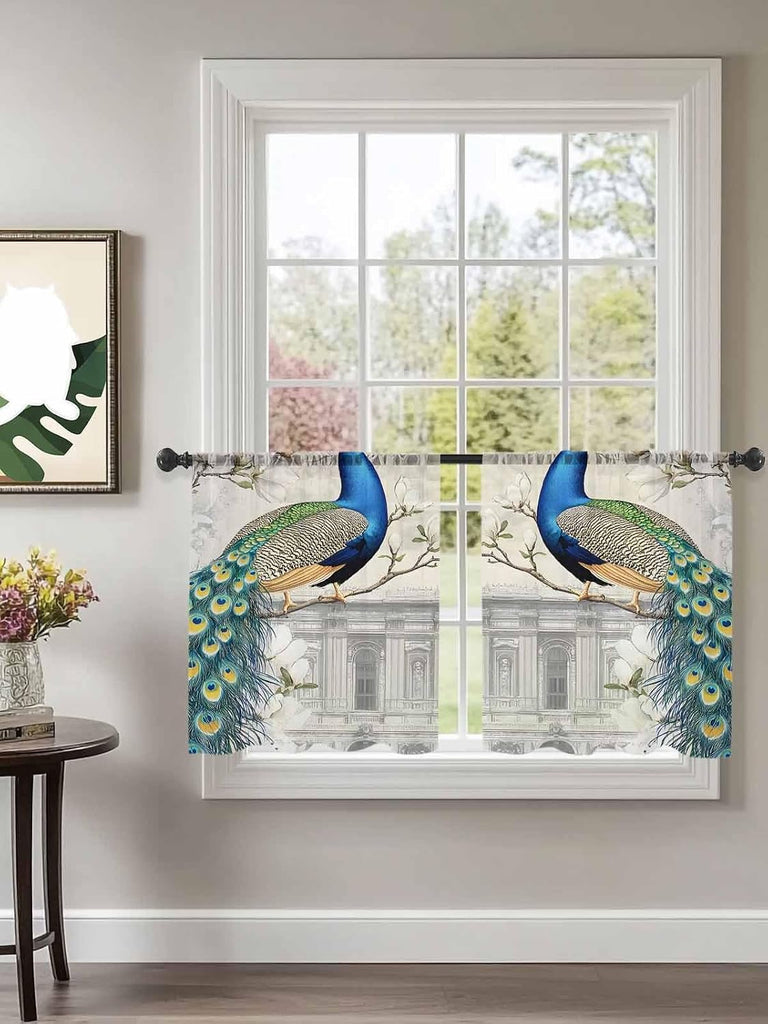 Luxury Peacock Sheer Curtains 45 Inches Length 2 Panels Set, Window Sheer Curtains, Watercolor Vintage Floral Attic