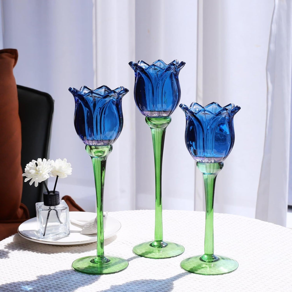 Blue Flower Tealight Candle Holder Set of 3 with Different Heights, Lovely Tulips Tea Light Candle Holder Glass Table