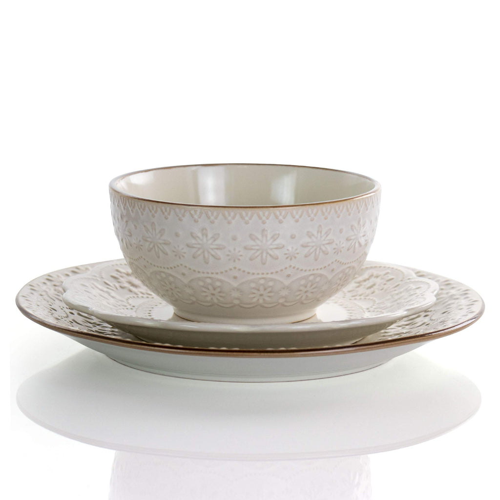 Embossed Scalloped Stoneware Dinnerware Dish Set, 16 Piece, Ivory