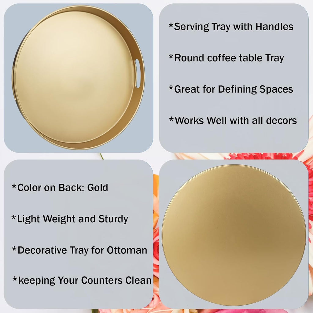 Round Gold Decorative Serving Tray with Handles, 13" Versatile Ottoman Tray for Coffee Table, Entertaining, Outdoor