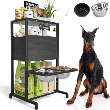 Elevated Dog Bowls: Height Adjustable Raised Dog Stand (4.5'' to 12'') 2 * 1700ml Stainless Steel Bowls + Slow