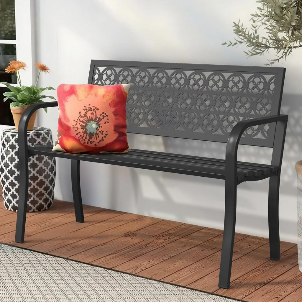 44" Outdoor Garden Bench, Iron Metal Frame Patio Bench with Backrest and Armrests, Weatherproof Anti-Rust Outdoor