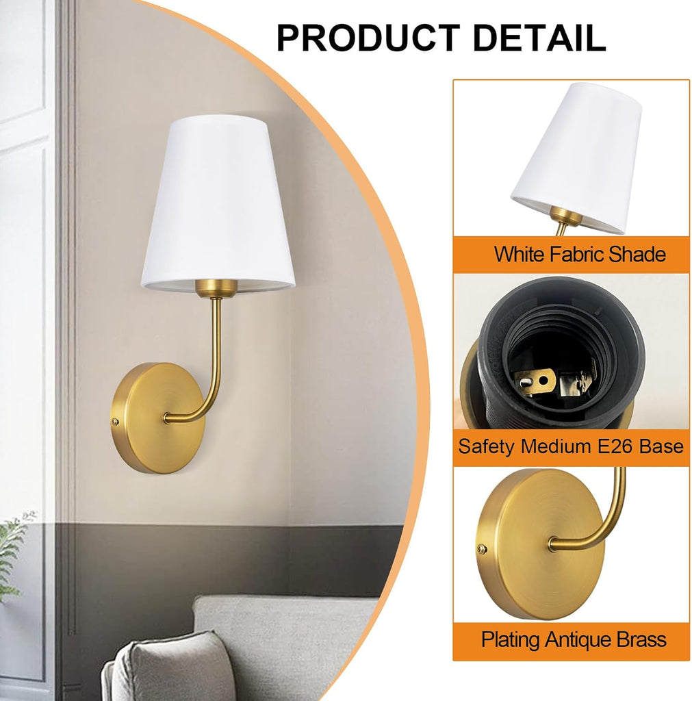 Antique Brass Hardwired Wall Sconce Set of 2 - Gold Finish with White Fabric Shades，Bedroom Lighting, Living Room