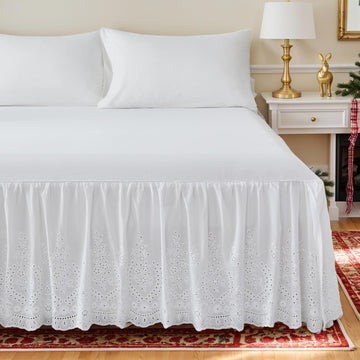 White Eyelet Bed Skirt Queen Size 100% Cotton Ruffled Dust Ruffle Bed Skirt 18 Inch Drop with Embroidered Floral