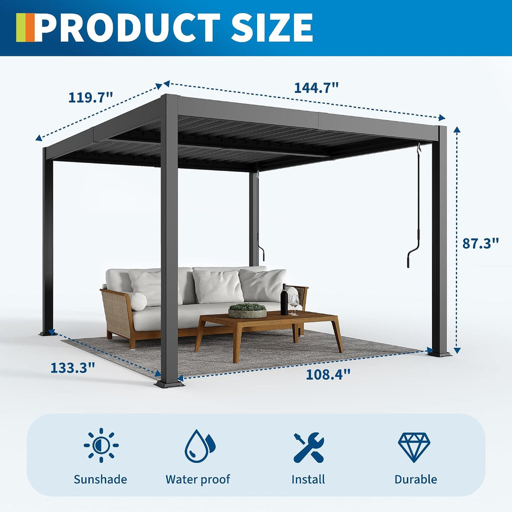 10X12 FT Pergola with Independent Adjustable Rainproof Roof