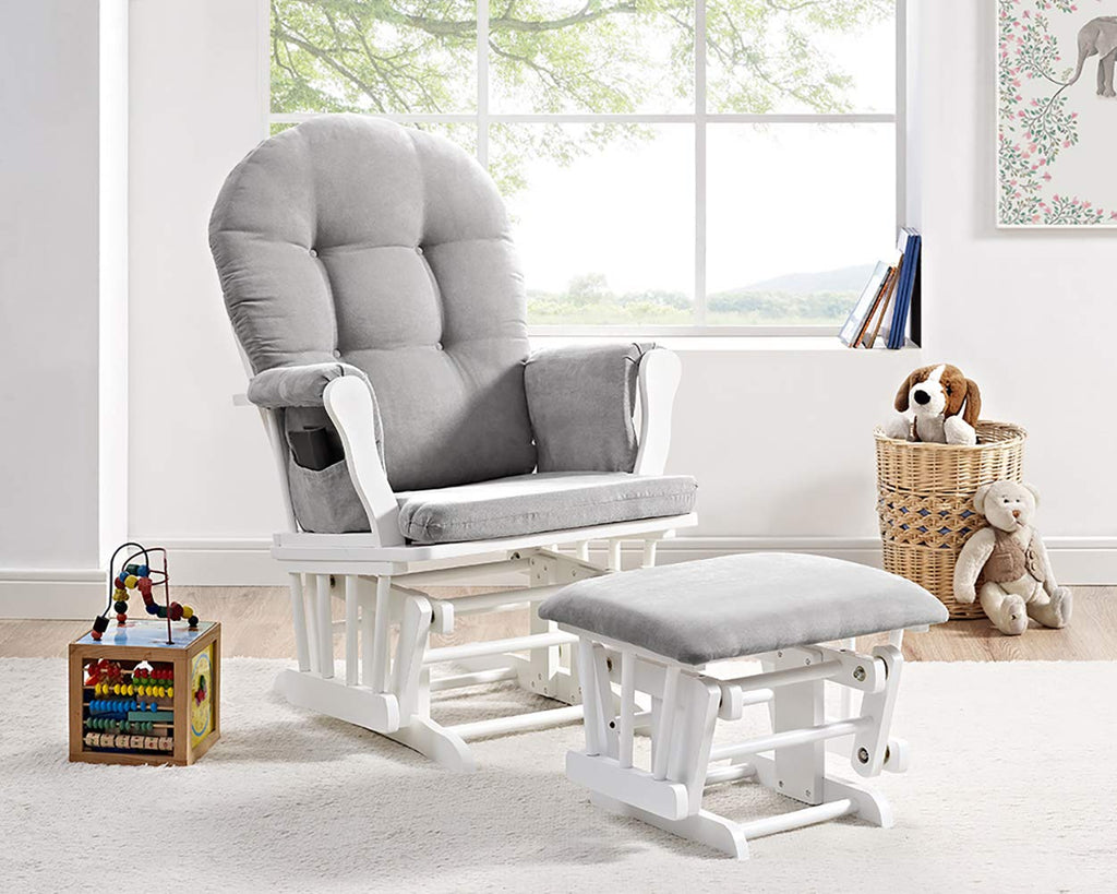 Glider and Ottoman, Polyester, Wood, Metal, White with Gray Cushion