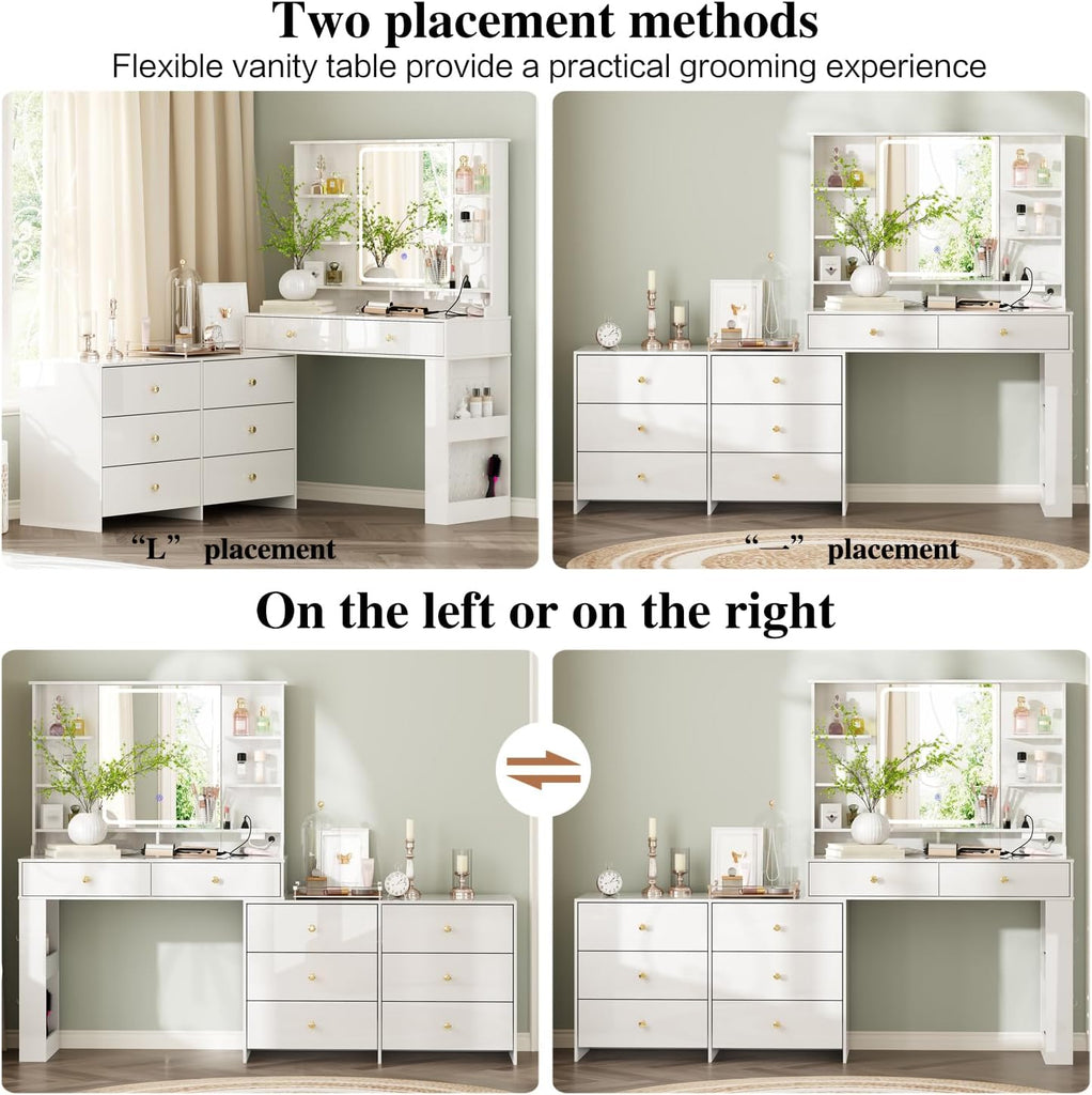Makeup Vanity Desk with Mirror and Lights, Vanity Desk with 8 Drawers & Storage Shelves, Vanity Table with Power