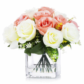18 Heads Silk Roses Flower Arrangement in Clear Glass Vase with Faux Water Decoration (Cream Pink)