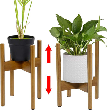 Adjustable Plant Pot Stand, 22-28.5cm Bamboo Wood Tall Plant Holder for Indoor Outdoor Use, Modern Mid Century