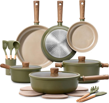 21pcs Ceramic Cookware Set, Pots and Pans Set, Green | Non-Toxic Healthy Kitchen Cooking Set, Easy Clean, Even