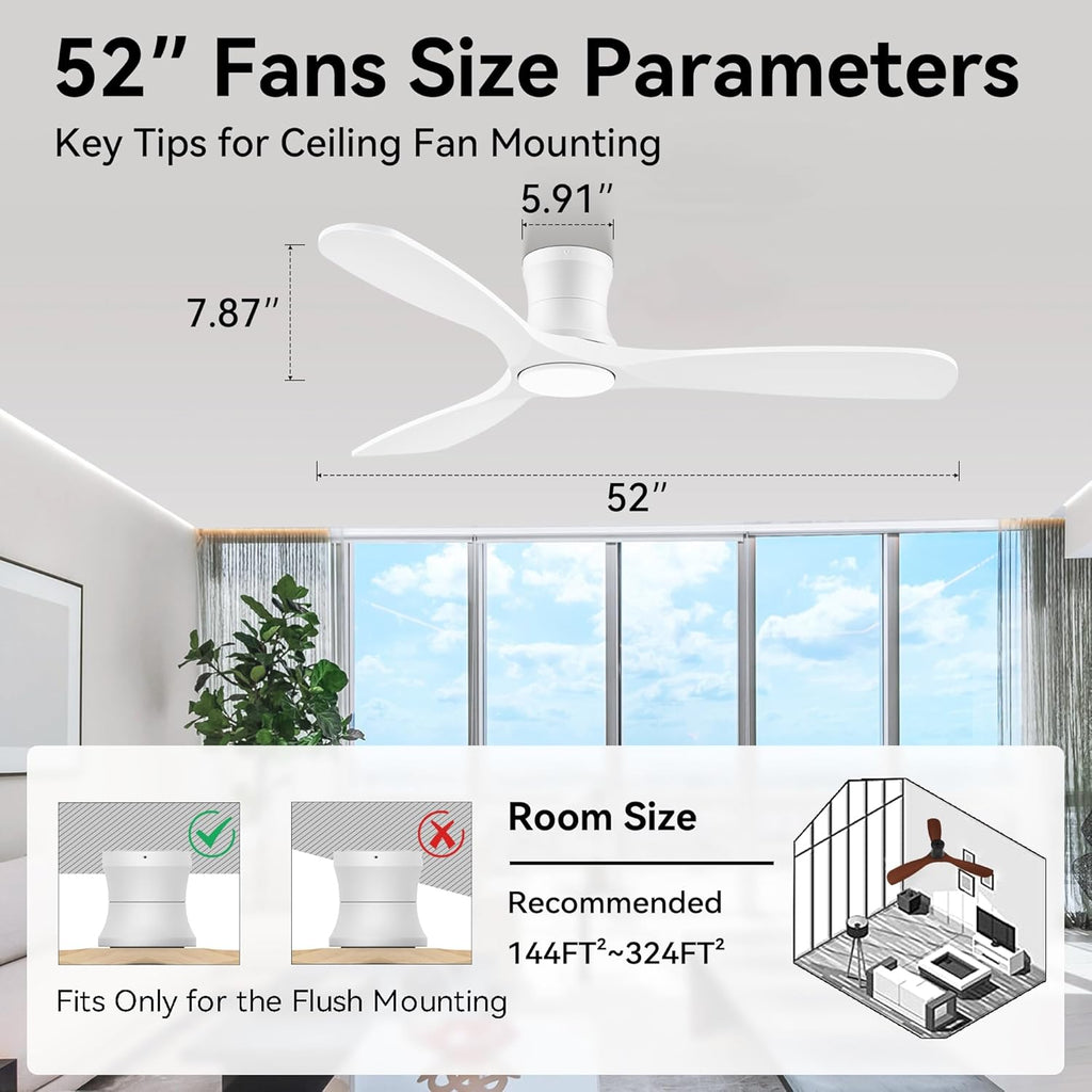 52” Wood Smart Flush Mount Ceiling Fans with Lights and Remote,Quiet DC Motor