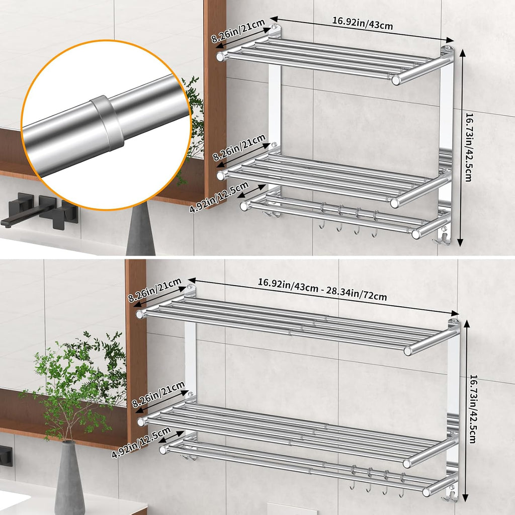 Bathroom Towel Rack with Shelf and Towel Bar, 2-Tier Expandable (16.9 to 28 Inches) SUS304 Stainless Steel, Wall