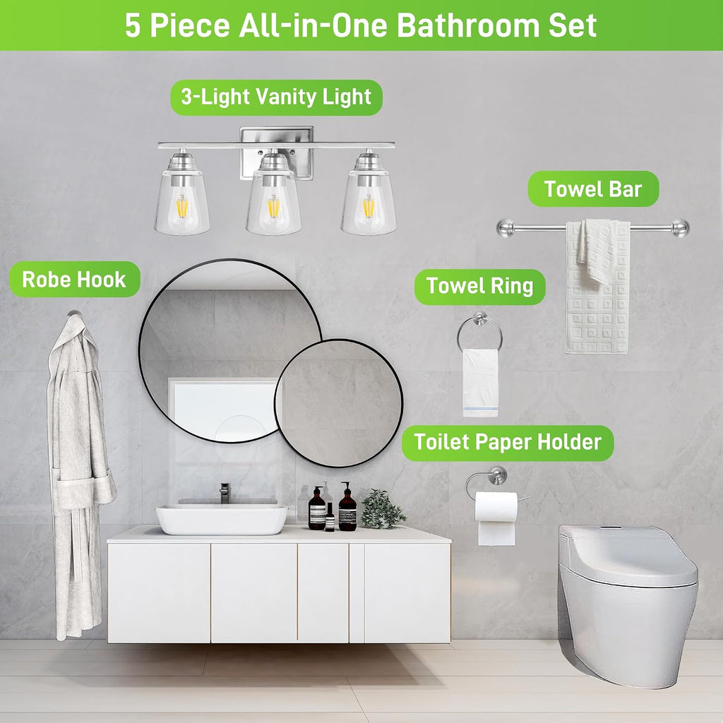 3-Light Bathroom Vanity Light, 5-Piece All-in-One Bathroom Set | 20 Inch Modern Wall Lamp, Brushed Nickel Wall Sconce