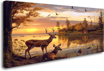 Golden Rustic Animal Deer Canvas Print Framed Vintage Wildlife Home Decor Livingroom Decorations Wall Art (Framed