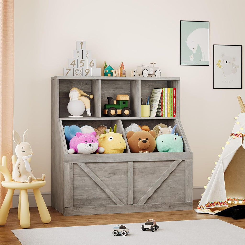 Kids Bookshelf and Toy Storage, Kids Toy Storage Organizer, Washed Grey | Toy Organizer with Storage Cabinet and
