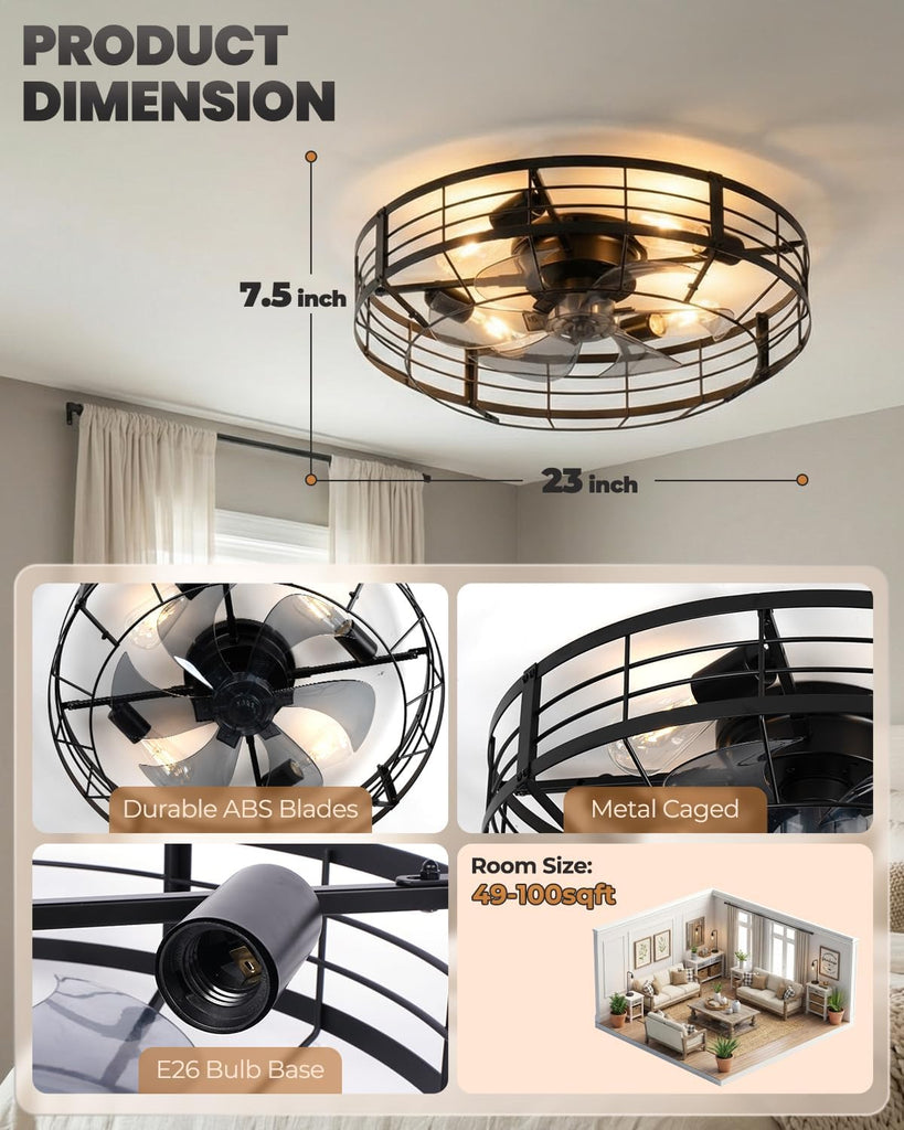 23 Inch Farmhouse Caged Ceiling Fan with Light, Remote Control Flush Mount Fan Lights Ceiling Fixtures